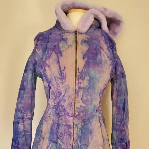 Suede leather tie dye jacket shearling boho Coat gray white pink purple blue med